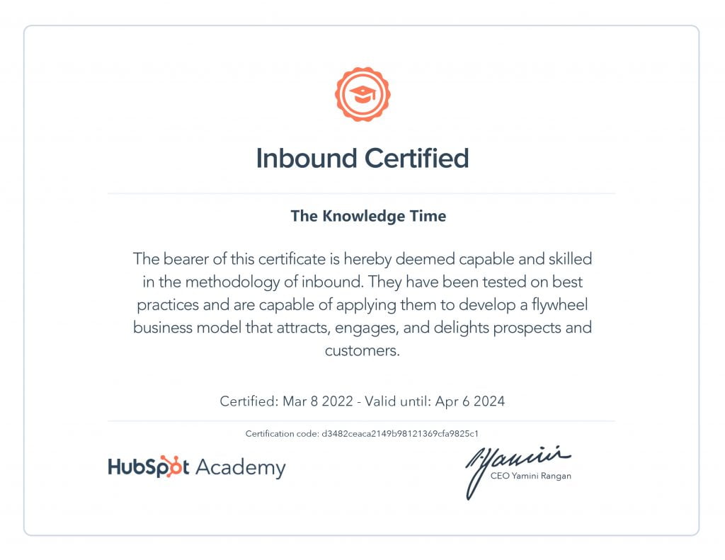 Hubspot Inbound Certifications - The Knowledge Time