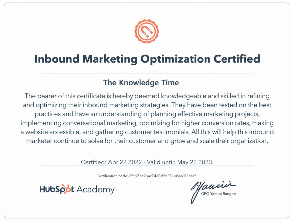 HubSpot Inbound Marketing Optimization Certificate
