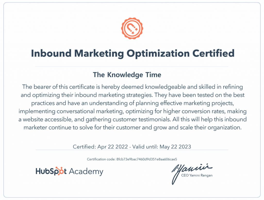 HubSpot Inbound Marketing Optimization Certificate